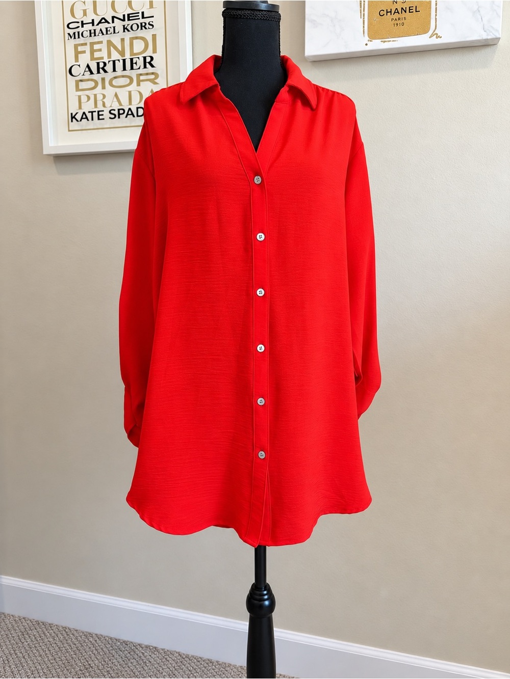 Chenault Red Button Down Tunic Blouse Roll Tab Sleeve L NWOT